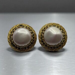 Nettie Rosenstein Earrings Button Faux Pearl Clip On VTG Rhinestone‎ Gold Tone